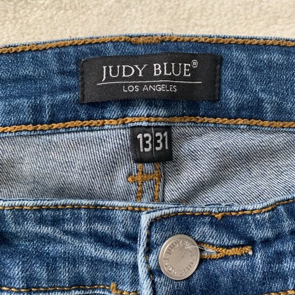 Judy Blue Mid Rise Dark Wash Distressed Stretch Denim Skinny Jeans - Picture 6 of 13